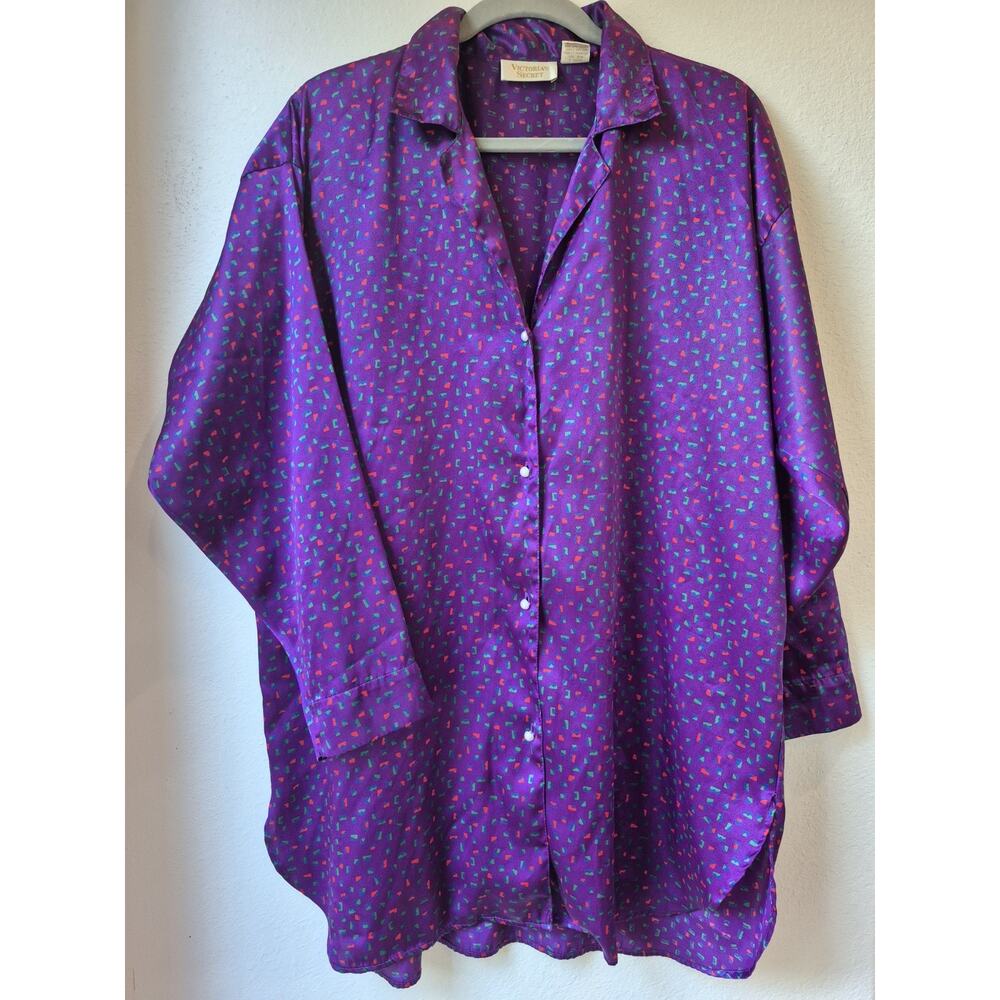 Victoria's Secret Vtg Satin Long Sleep Shirt Pajama Purple Geo Print Gold Tag